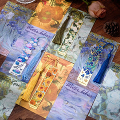 4 Pieces Metal Bookmarks with Tassel, Golden Hollow Bookmark Van Gogh Oil Painting Theme Book Mark Bookmarks for Book Lovers