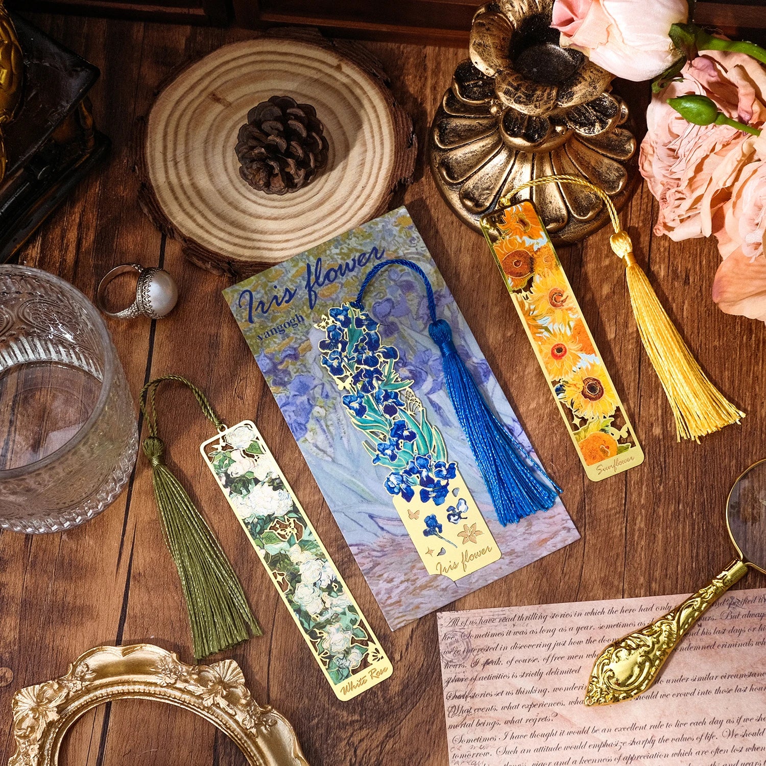 4 Pieces Metal Bookmarks with Tassel, Golden Hollow Bookmark Van Gogh Oil Painting Theme Book Mark Bookmarks for Book Lovers