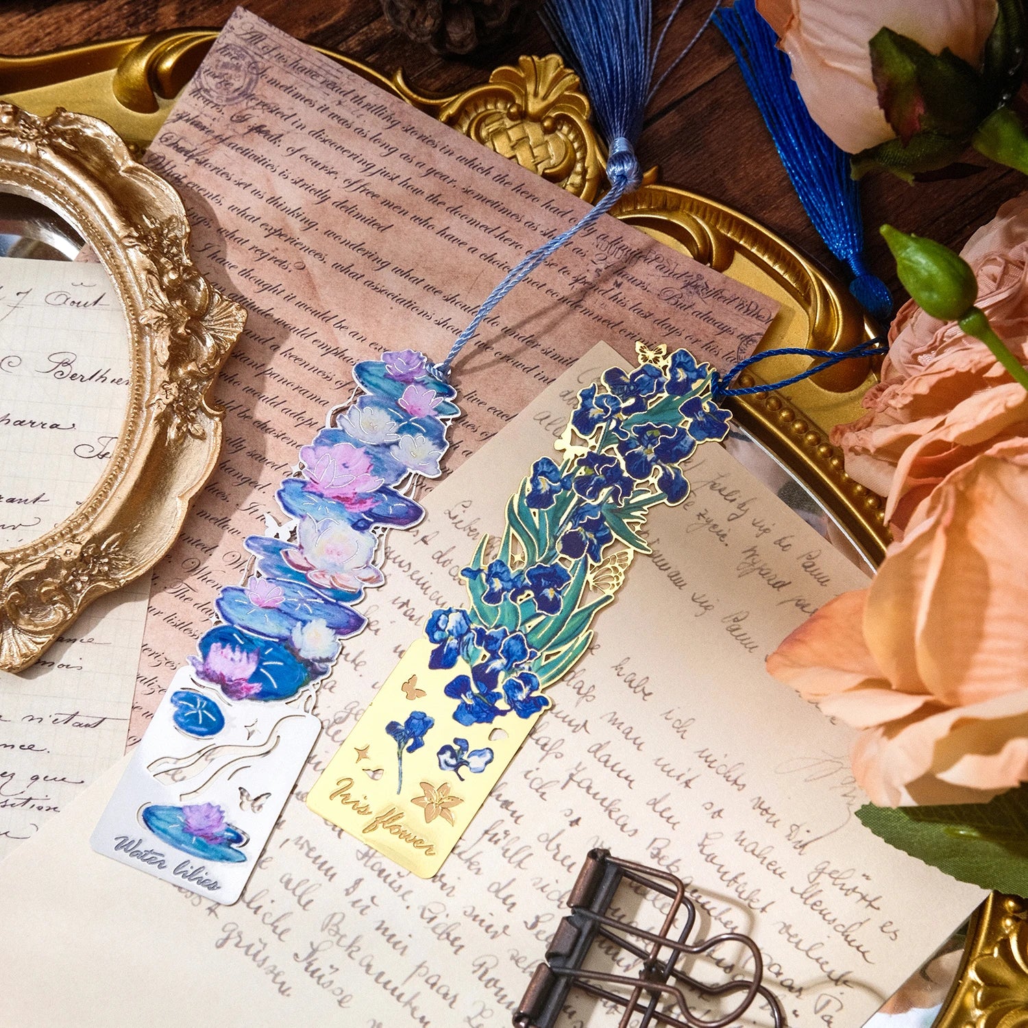 4 Pieces Metal Bookmarks with Tassel, Golden Hollow Bookmark Van Gogh Oil Painting Theme Book Mark Bookmarks for Book Lovers