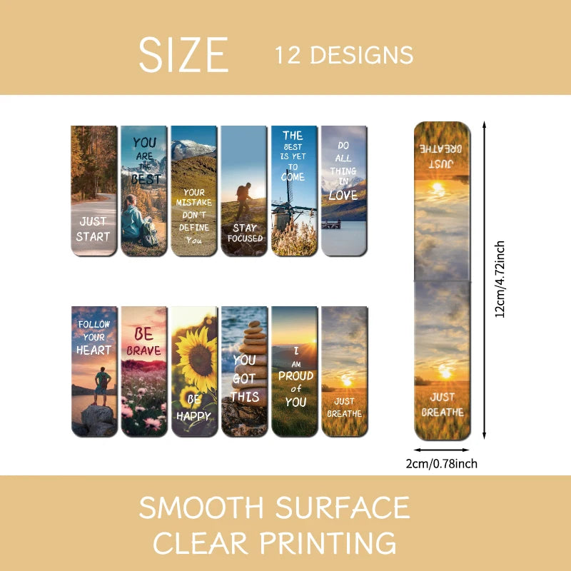 12pcs Inspirational Magnetic Bookmarks with Motivational Quotes, Colorful Page Clips for Students, Teachers, Book Readers