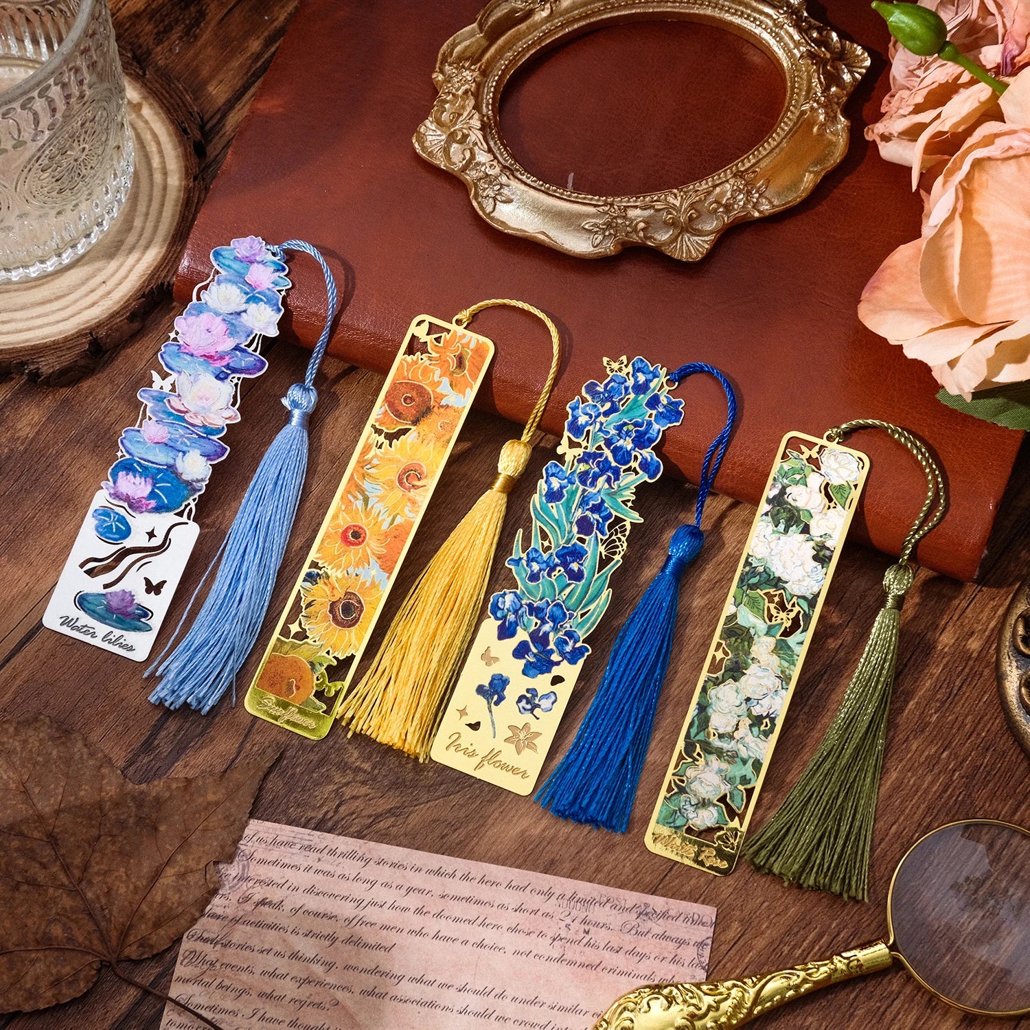 4 Pieces Metal Bookmarks with Tassel, Golden Hollow Bookmark Van Gogh Oil Painting Theme Book Mark Bookmarks for Book Lovers
