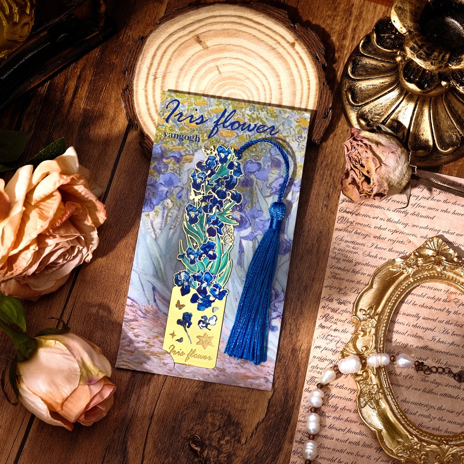4 Pieces Metal Bookmarks with Tassel, Golden Hollow Bookmark Van Gogh Oil Painting Theme Book Mark Bookmarks for Book Lovers