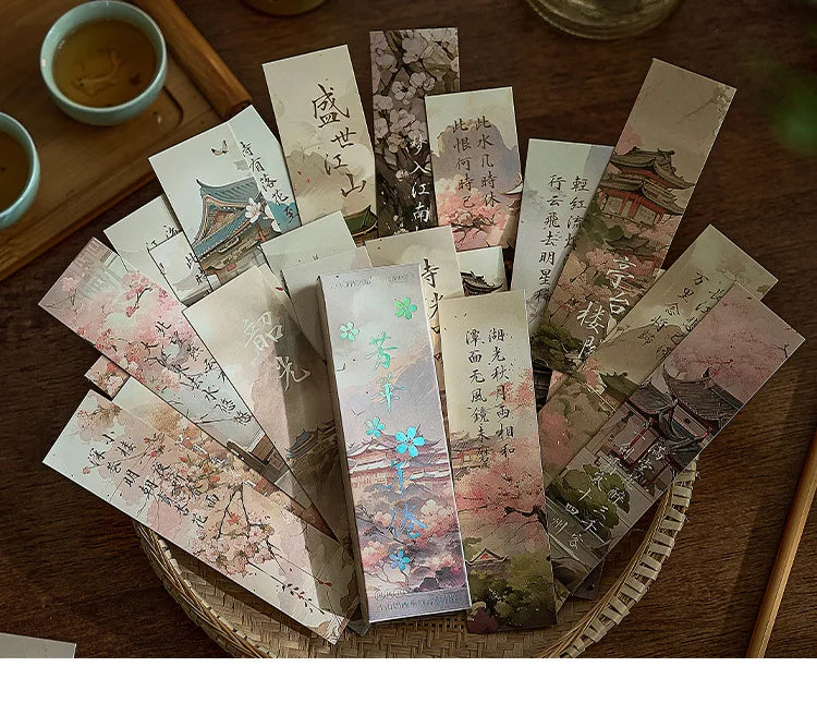 30sheet/box Retro Chinese Style Bookmarks Anime Vintage Aesethetic Flroal Palace Bookmark for Books Beauty Scenary Bookmark