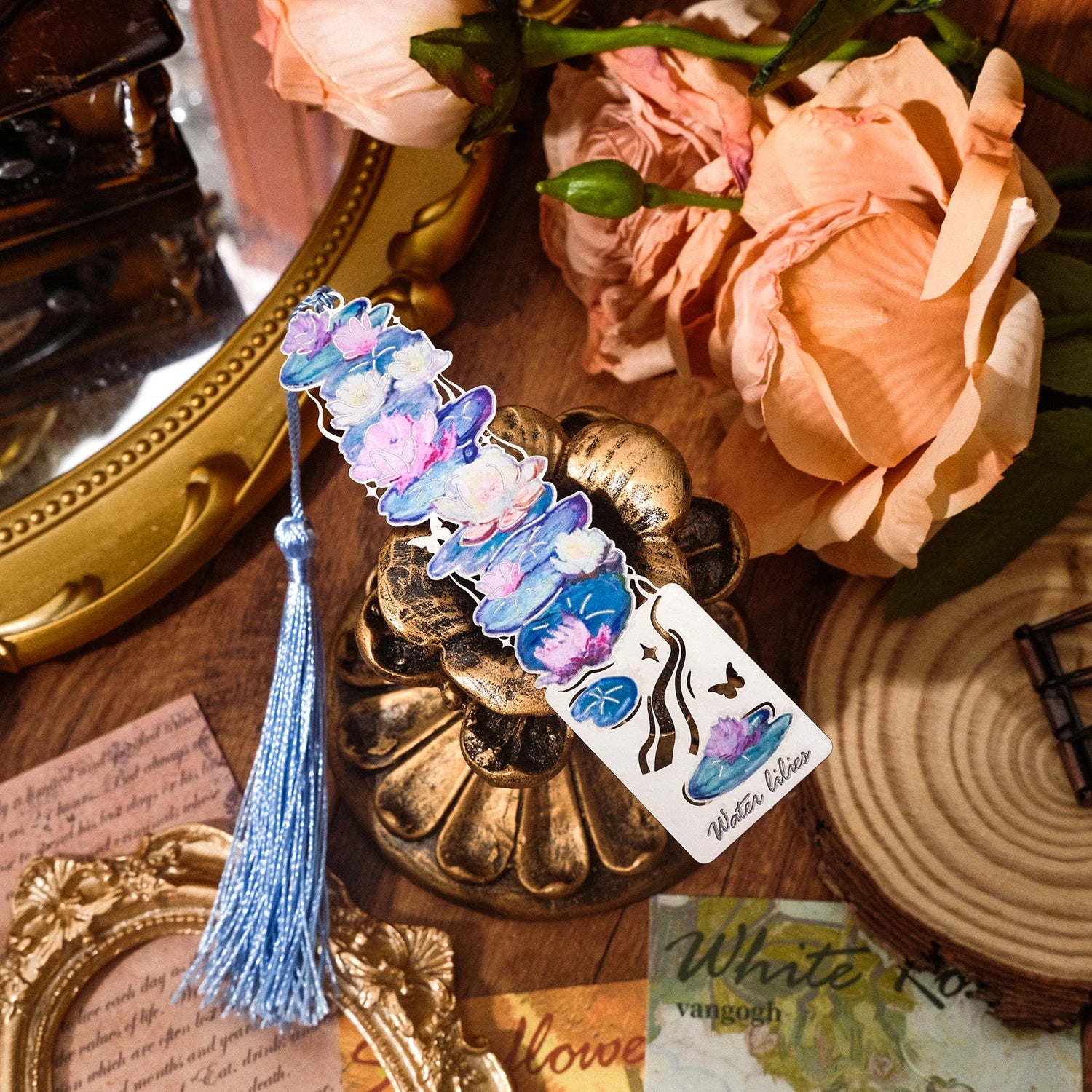 4 Pieces Metal Bookmarks with Tassel, Golden Hollow Bookmark Van Gogh Oil Painting Theme Book Mark Bookmarks for Book Lovers