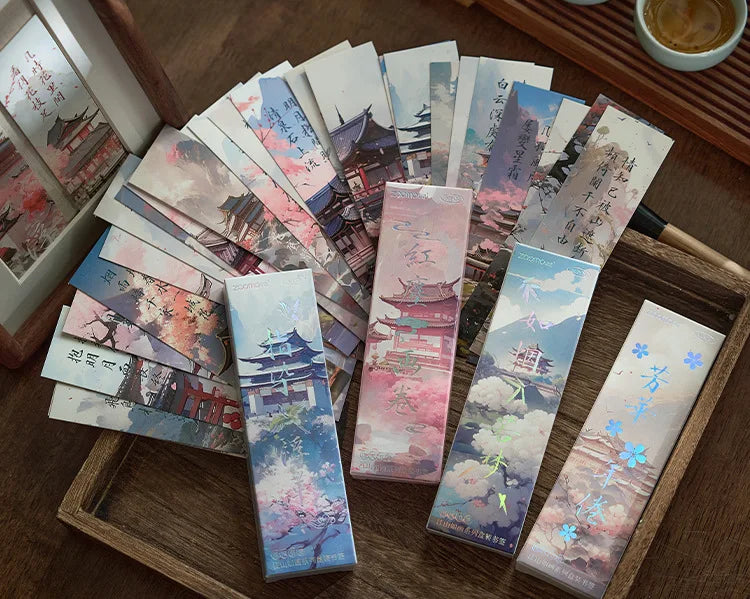 30sheet/box Retro Chinese Style Bookmarks Anime Vintage Aesethetic Flroal Palace Bookmark for Books Beauty Scenary Bookmark