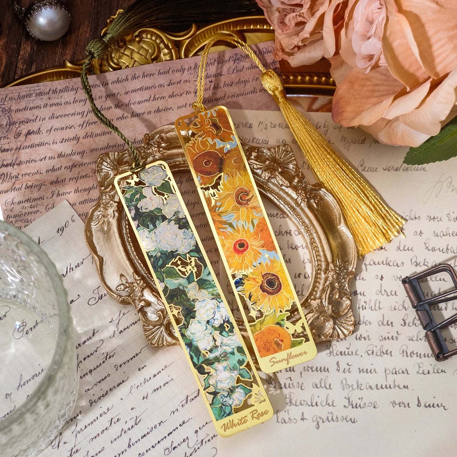 4 Pieces Metal Bookmarks with Tassel, Golden Hollow Bookmark Van Gogh Oil Painting Theme Book Mark Bookmarks for Book Lovers