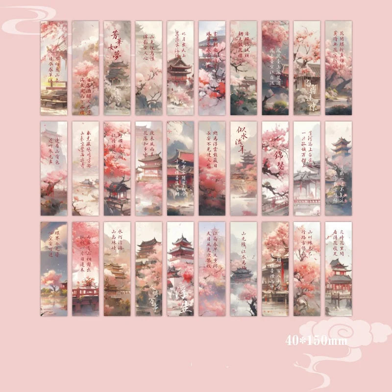 30sheet/box Retro Chinese Style Bookmarks Anime Vintage Aesethetic Flroal Palace Bookmark for Books Beauty Scenary Bookmark