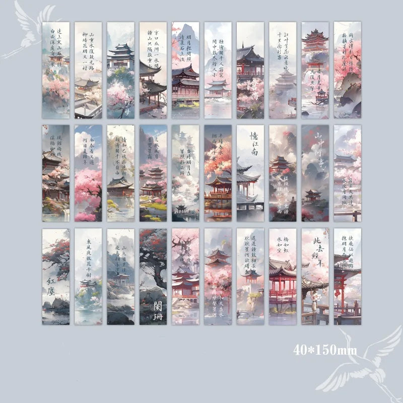 30sheet/box Retro Chinese Style Bookmarks Anime Vintage Aesethetic Flroal Palace Bookmark for Books Beauty Scenary Bookmark