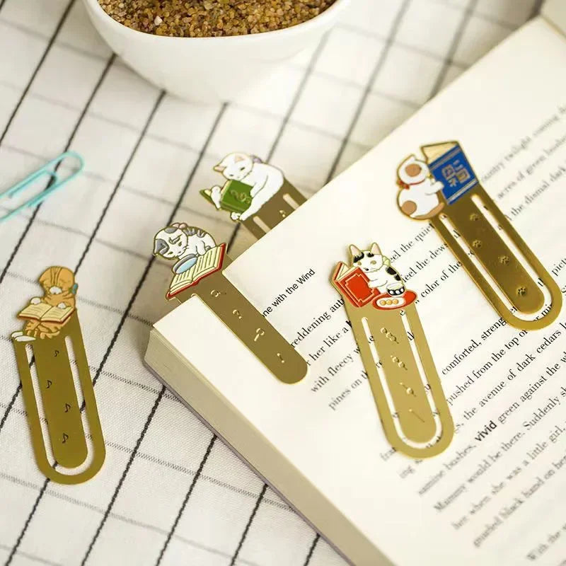 Cartoon Cat Bookmarks Metal Brass Book Clips Kawaii Book Page Holder Korean Stationery Reading Tools School Office Supplies